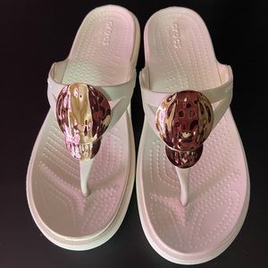 Crocs Cream Wedge Sandals with Rose Gold